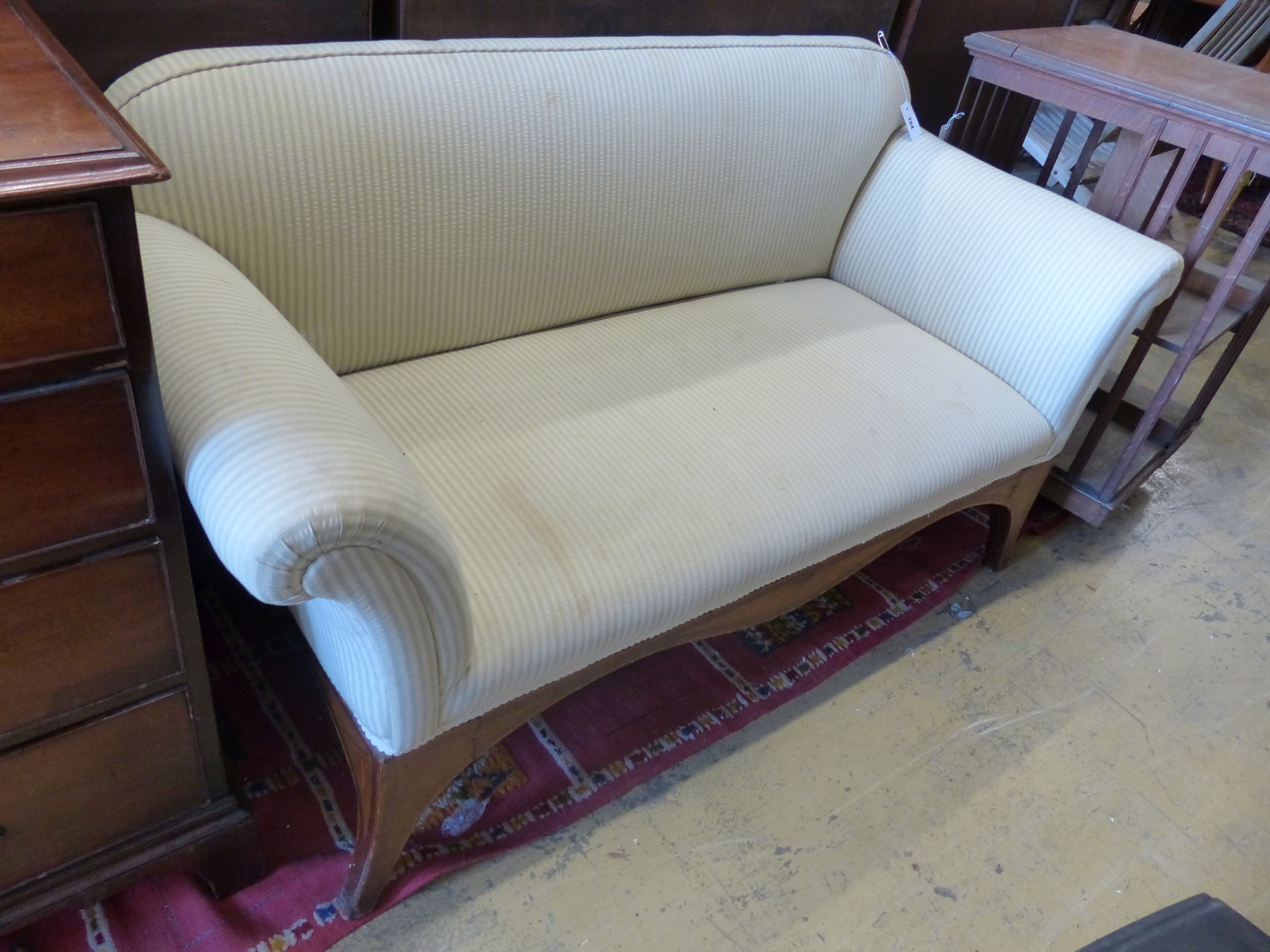 A 19th century inlaid upholstered two seater settee, length 150cm, depth 66cm, height 82cm